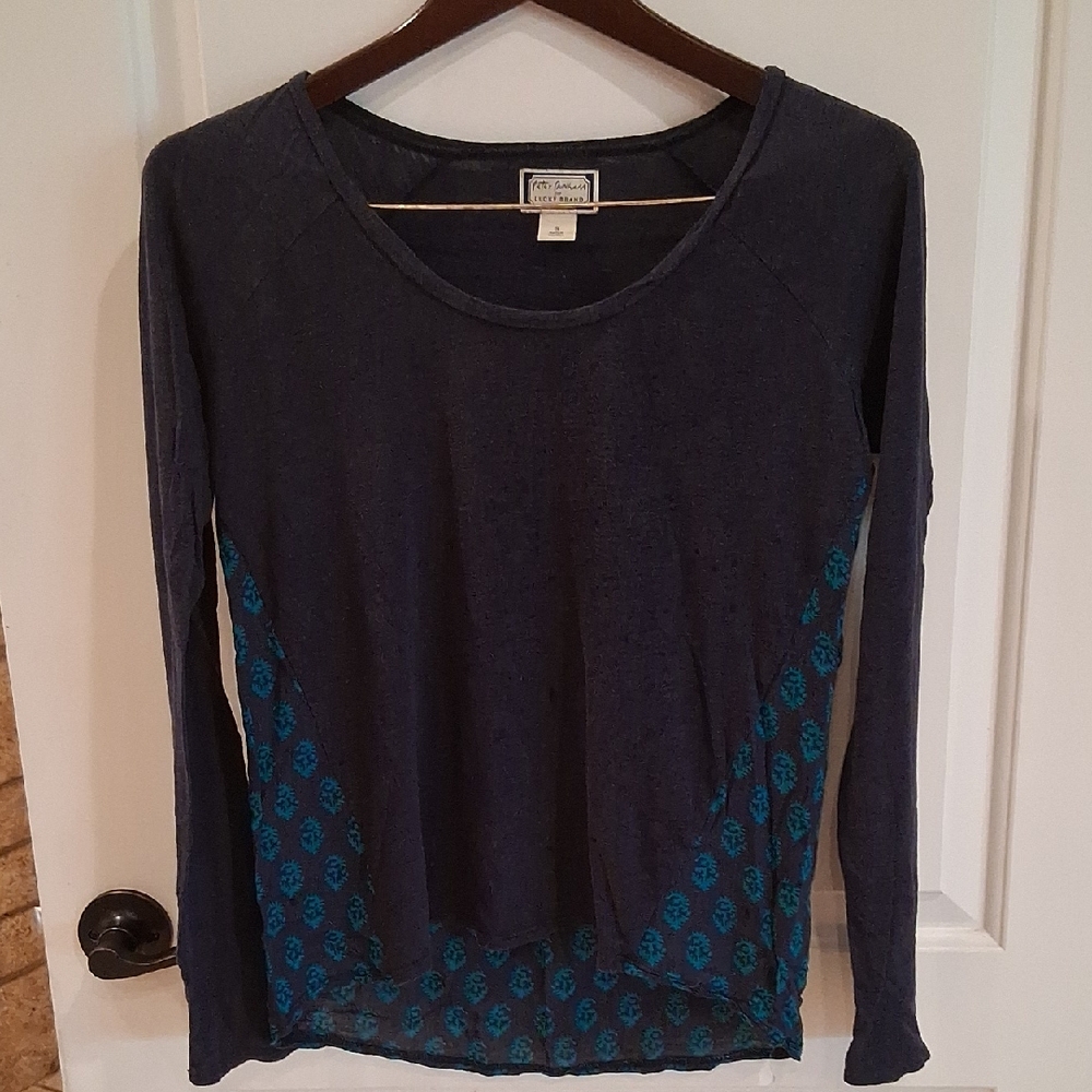 Lucky Brand Long Sleeve Top Size Small Navy And Turq High/Low Hem